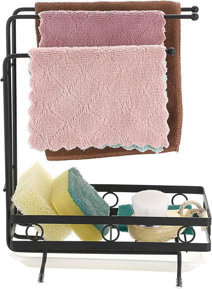JUXYES Kitchen Sink Caddy Sponge Holder with Dishcloth Drying Rack, Storage Organizer for Kitchen Countertop, Black