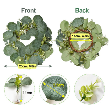 IWNTWY 6Pcs Candle Rings, Artificial Eucalyptus Wreath Candles Wreaths, Small Greenery Farmhouse Wreath for Door Wedding Centerpieces Home Party Table Decor, 4" ID / 9.8" OD