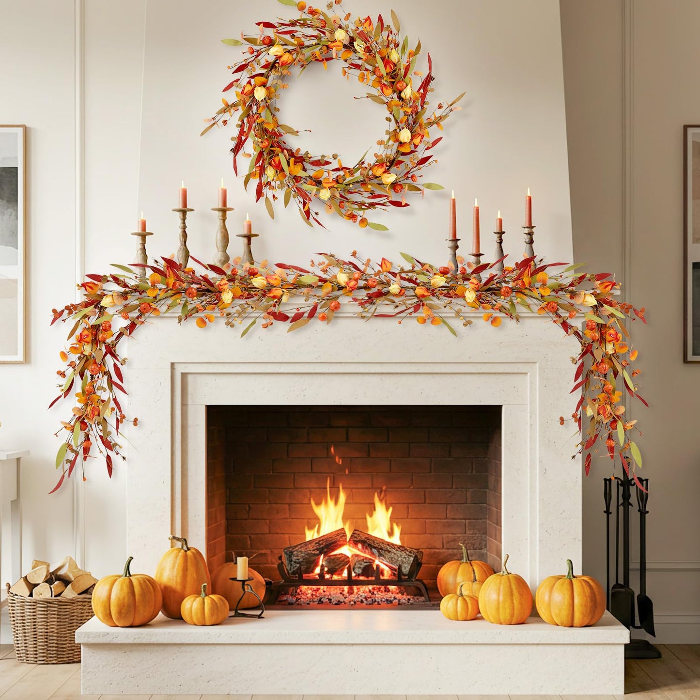 Fall Decor, Fall Garland, 6FT Autumn Eucalyptus Leaves Pumpkin Harvest Festival Thanksgiving Christmas Hanging Garlands for Home Wedding Mantle Indoor Window Wall Arch Background Decoration