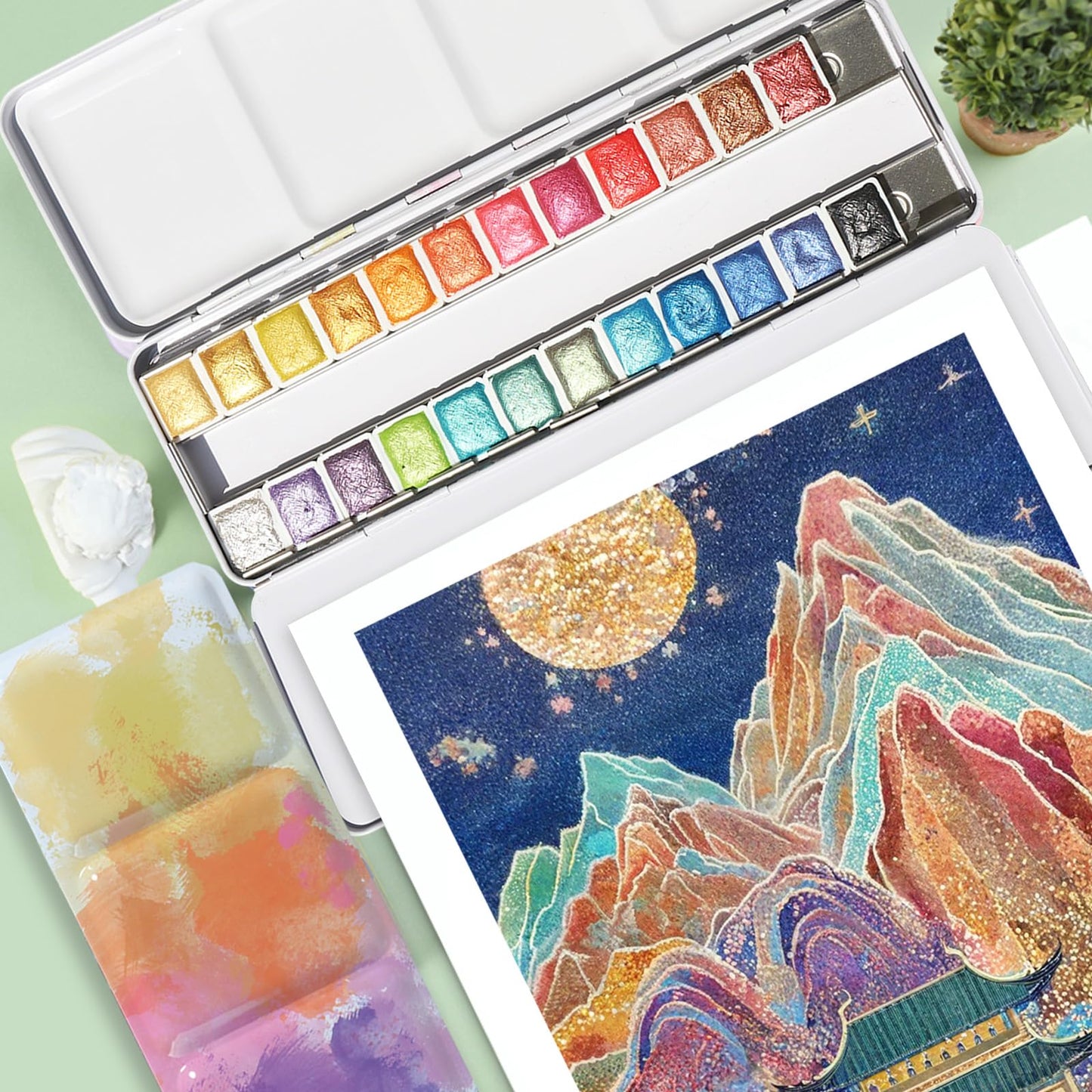 AUK Metallic Watercolor Paints Set for Adult Artists, 24 Glitter Solid Watercolors 2ml Half Pans Metal Case Sparkle Pearlescent Shiny Watercolour Painting Set