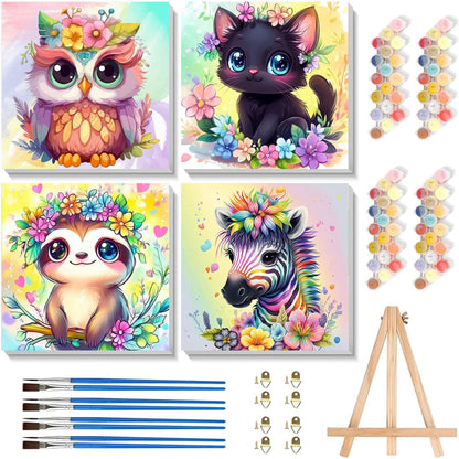 4 Pack Paint by Numbers Kit for Kids with Frame - Wooden Easel, Animal Paint by Numbers for Kids Ages 4 8 12, Easy Owl Cat Sloth Zebra Acrylic Oil Painting Kits for Home Wall Decoration 8x8 inch