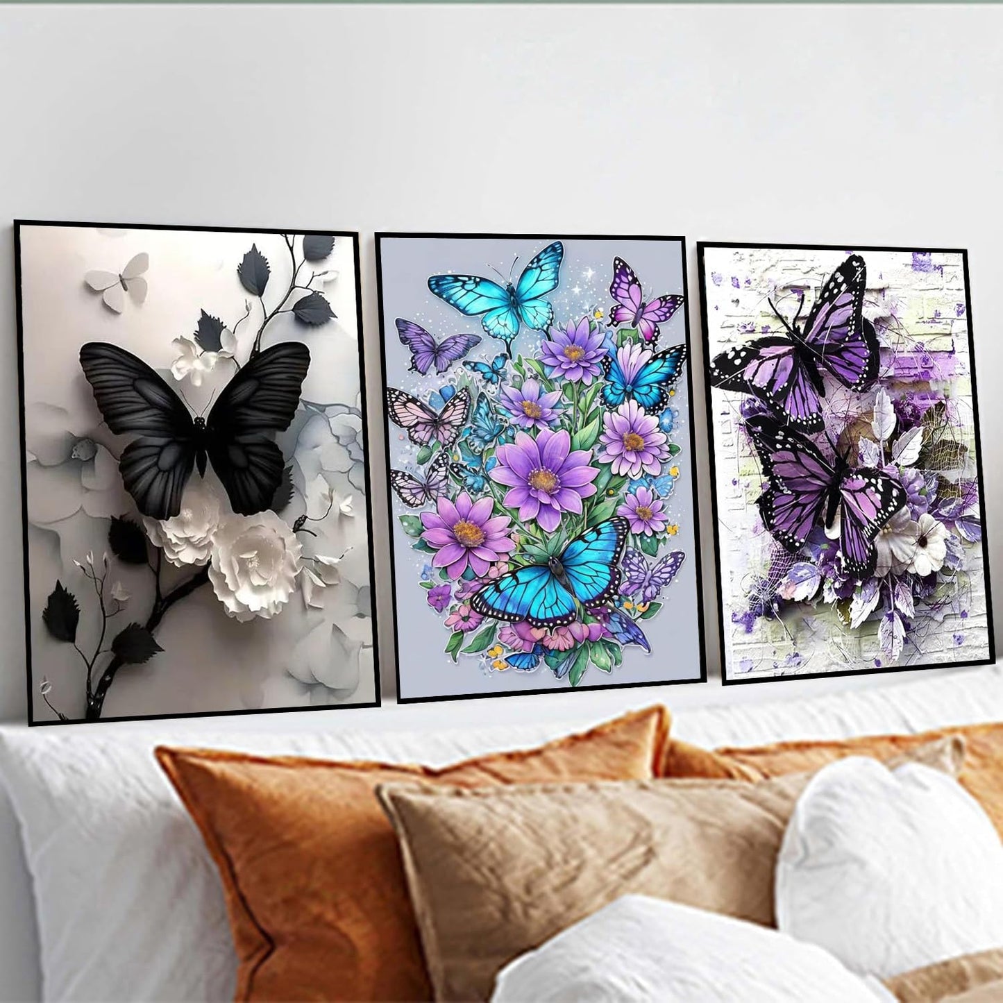 3 Pack Diamond Art Kits for Adults, Butterfly Flowers Diamond Painting Kits for Adults, 5D DIY Round Drill Gem Art Paint with Diamonds Dots Crafts Kits for Home Decor Gift 12x16inch