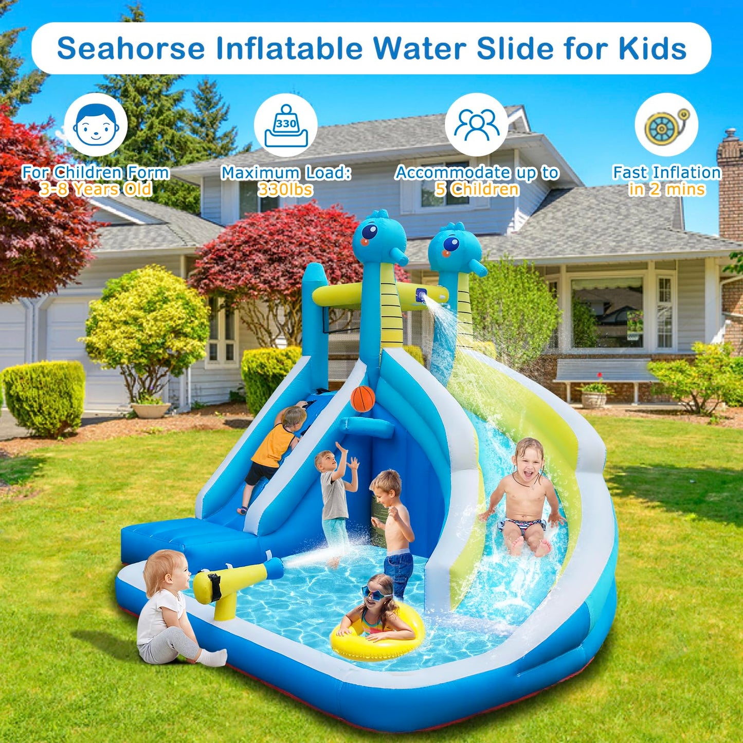 Seahorse Inflatable Water Slide for Kids Backyard | 5-in-1 Blow Up Splash Park with Climbing Wall, WaterSlide, Water Cannon, Basketball Hoop & 480W Blower| Indoor/Outdoor Toys for Ages 3+