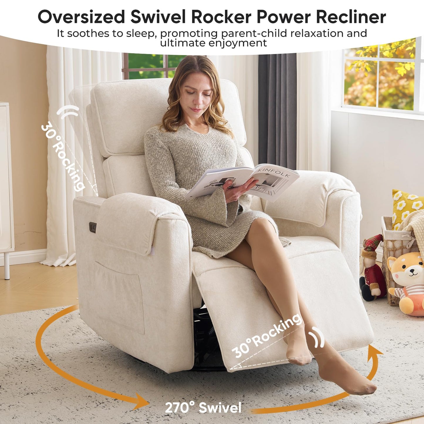 Rhevoy 24" Extra Wide Swivel Rocker Recliner Chair with Adjustable Headrest, Oversized Power Rocker Recliner with Overstuffed Armrest, Chenille Rocking Chair Nursery with USB Ports, Cream