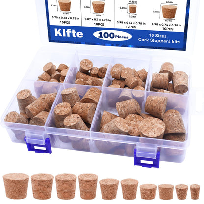 Klfte 100Pack 10 Sizes Cork Stoppers,Small Corks Plugs For Bottles, Replacement Tapered Wooden Wine Stoppers for Apothecary Jar Small Bottle DIY