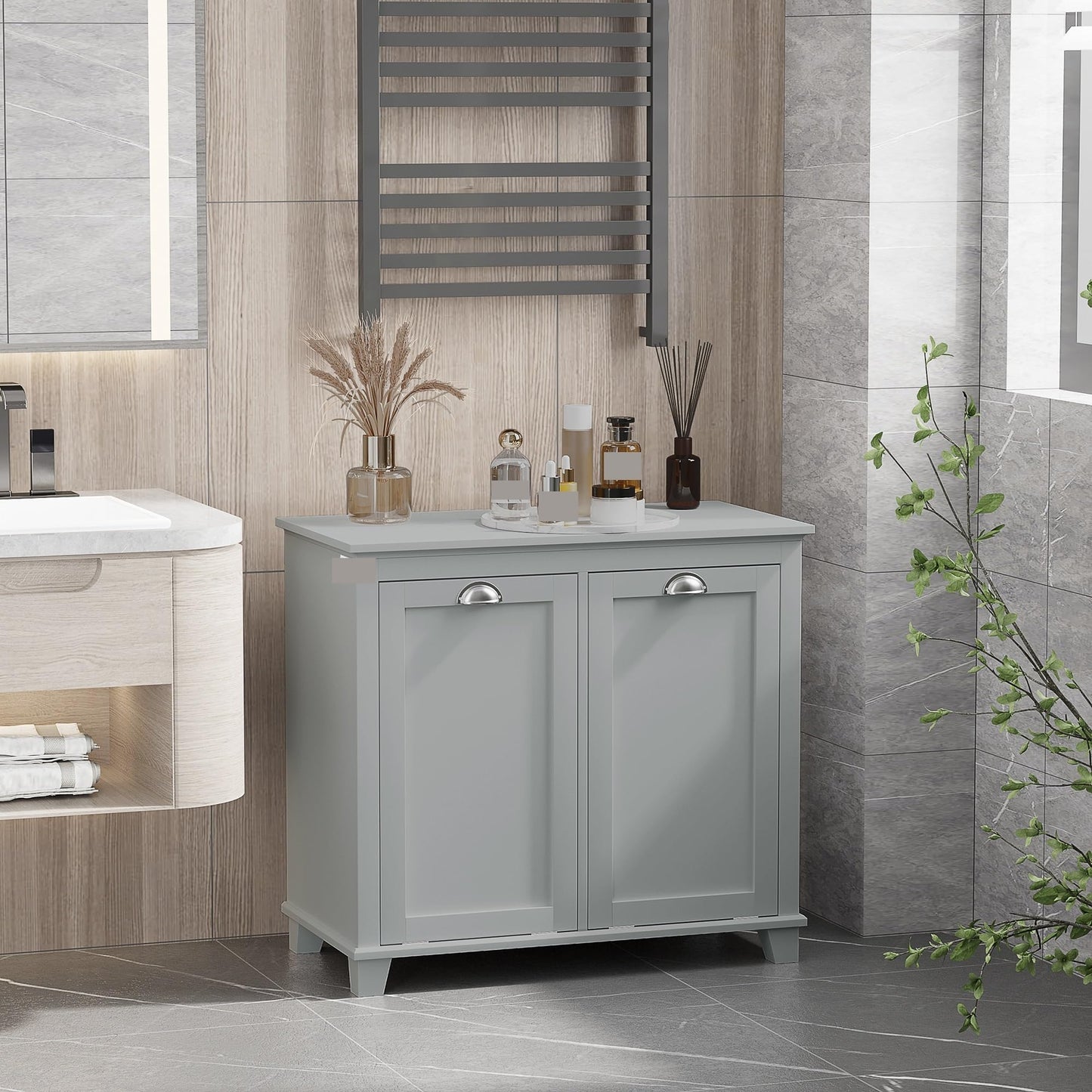 Modern Tilt-Out Laundry Sorter Cabinet, Bathroom Storage Organizer with Two-Compartment Tilt-Out Hamper,Used in Restaurants