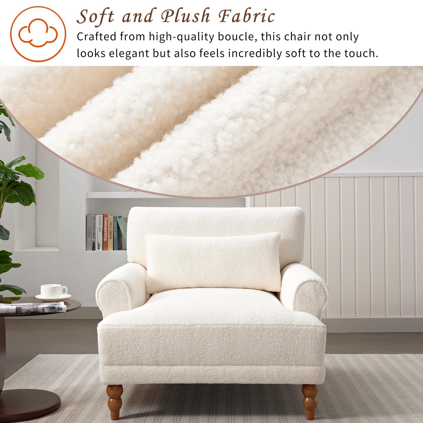 Merax Accent Chair with Circular Armrests, Upholstered Armchair Single Sofa with Vintage Roman Column Legs for Living Room, Bedroom, Study, Ergonomic Lumbar, Boucle, Beige