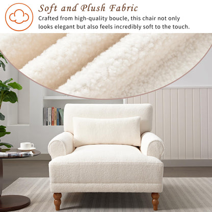 Christopher Knight Home Accent Chair, Boucle Club Chair, Upholstered Lounge Chair, Large Size Armchair Roman Column Legs, Cozy Reading Single Sofa Chair for Living Room, Bedroom, Home Study, White