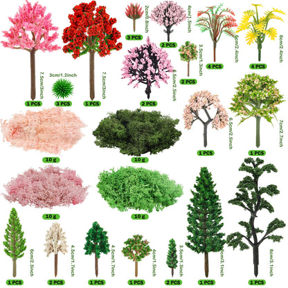 QUOZUO 36 Pcs Mixed Model Trees with 40g Moss Pink and Green, Diorama Trees Grass Mini Fake Miniature Trees Moss for Building Model, Model Train Scenery, Natural Green Landscape, Railroad Scenery