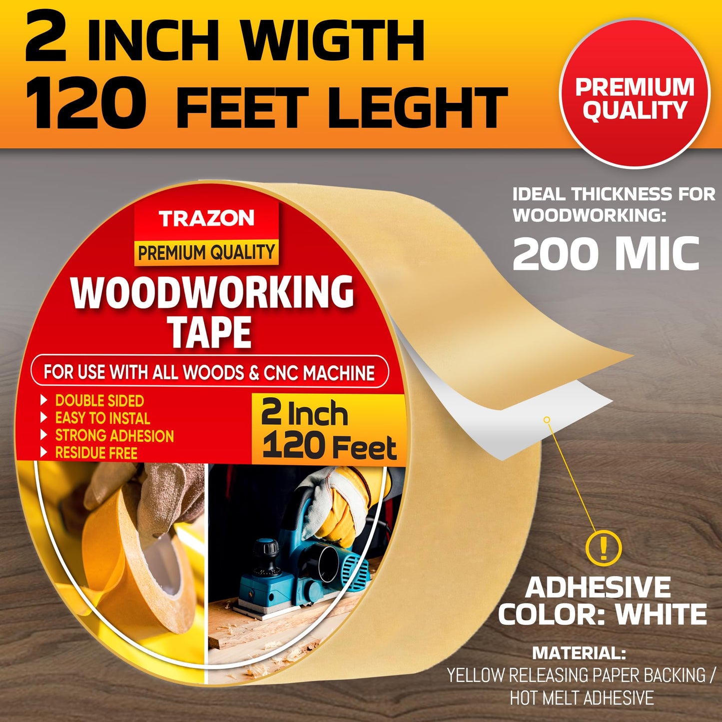 Trazon Double Sided Woodworking Tape Super Strong, 2 Inch x 120 Feet, Wood Crafter Sticky Tool, Two Side Adhesive for Router Templates and CNC Machine, Removable & Residue Free