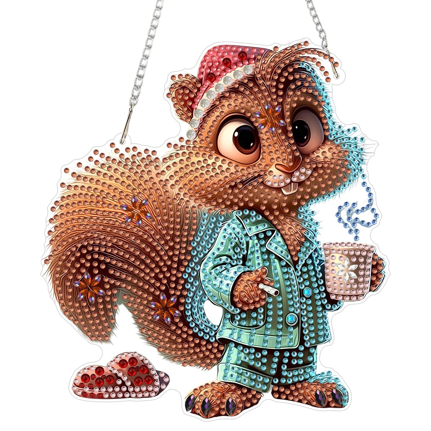 KEYIFA Coffee Addiction Diamond Art Hanging Kits with Chain, Special Shaped Drill Diamond Painting Pendant, Squirrel Crystal Gem Art Pendant 5D Window Crafts for Wall Garden Door Decor (Width 7.9 in)