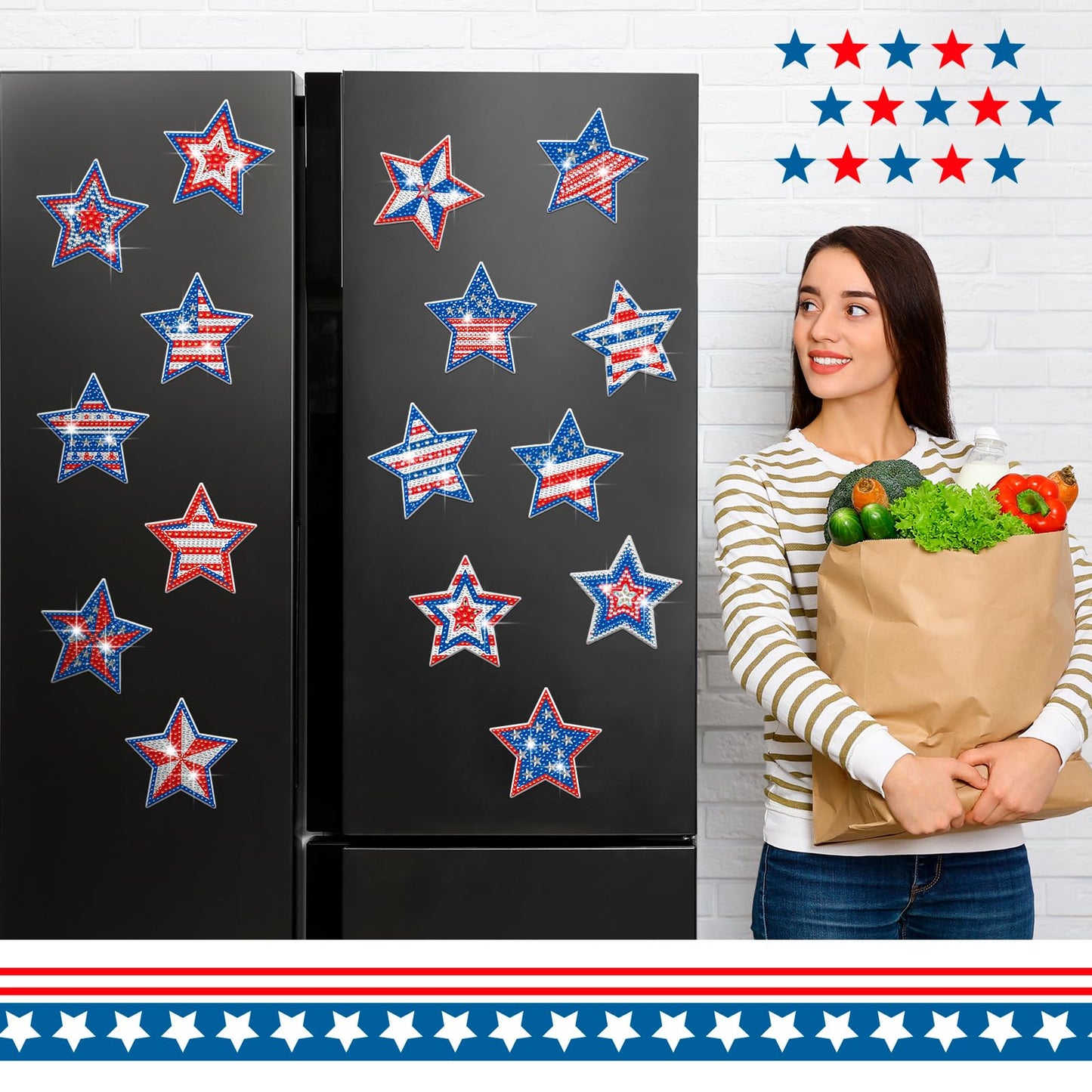 Umigy 16 Pcs 4th of July Patriotic Star Diamond Painting Magnets Refrigerator 250th Anniversary Memorial Day Diamond Art Kits USA Red Blue White Independence Day DIY Art Kits for Adults Beginner Craft