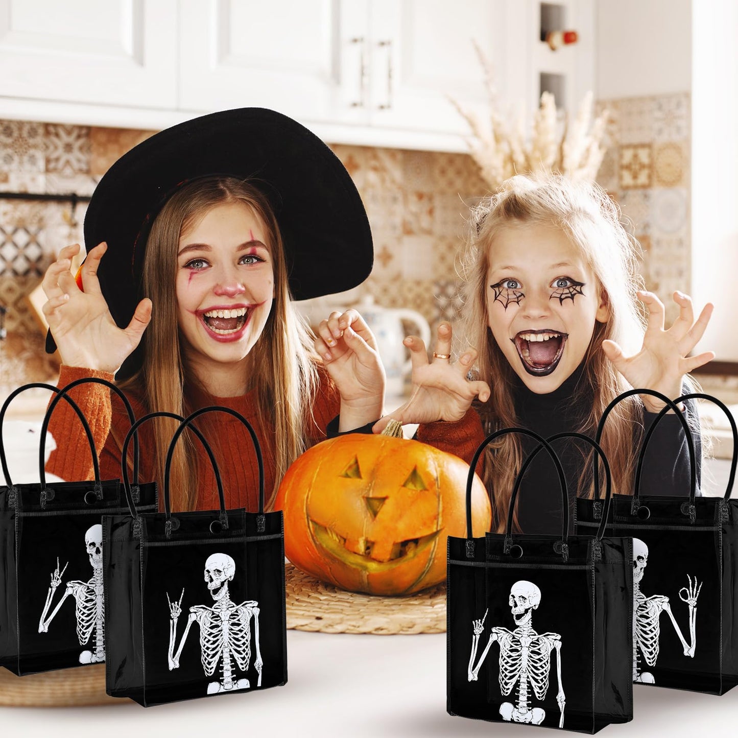 Whaline 12 Pcs Halloween Skeleton PVC Gift Bags Black White Skeleton Party Favor Bags with Handles Day of the Dead Reusable Clear Treat Tote Bag for Trick or Treat Holiday Birthday Party Supplies