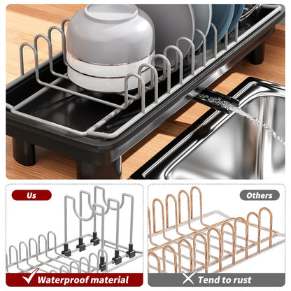 SanDream Small Dish Drying Rack with Removable Utensil Holder & Anti-Scratch Base - Stainless Steel Dish Rack, Dish Drying Rack with Drainage & Space Saving Design for Kitchen Counter, Black