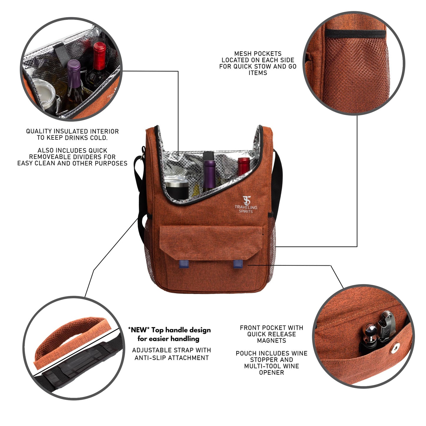 Traveling Spirits Insulated Wine Carrier | 2-3 Bottle Travel Bag With Stainless Steel Tumblers | Cooler Tote for Travel - Great Gift for Wine Lovers and Enthusiasts