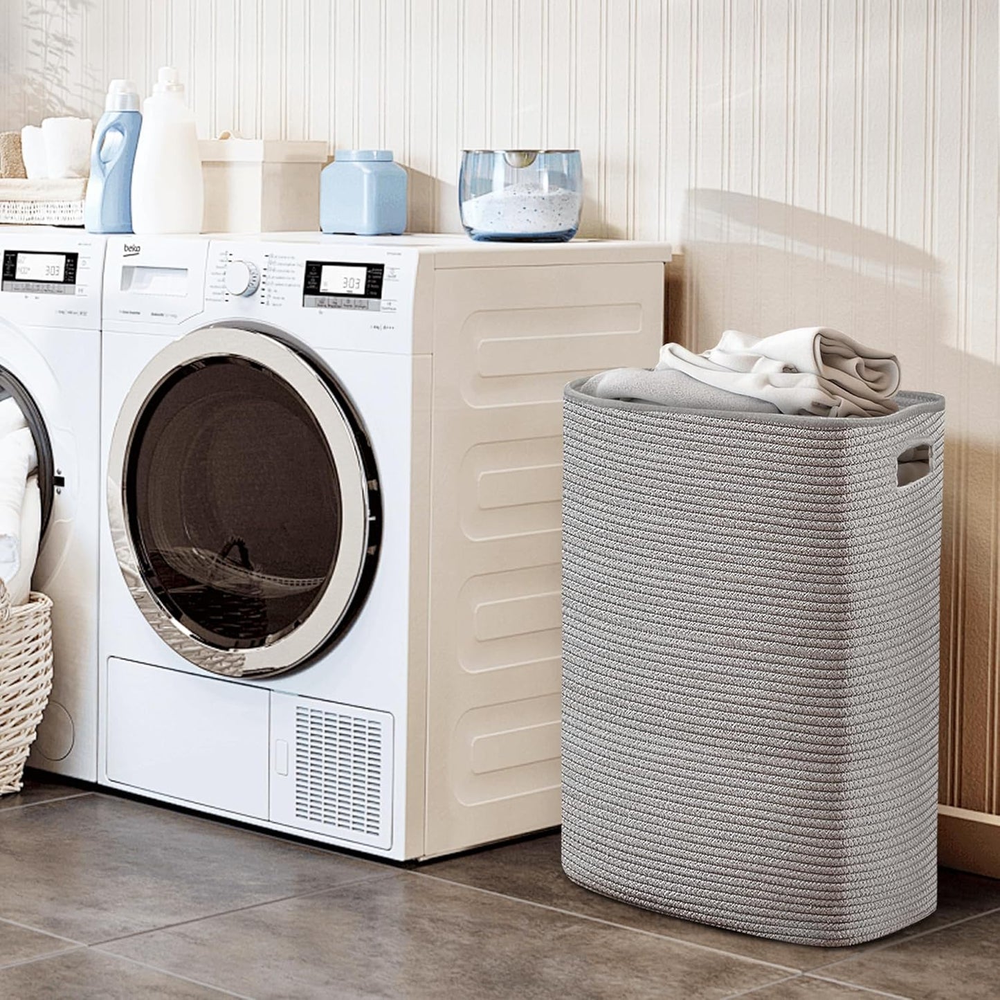 Large Gray Laundry Hamper, 16"x13"x22", Tall Woven Cotton Rope Basket for Dirty Clothes, Soft Laundry Bin, 75L