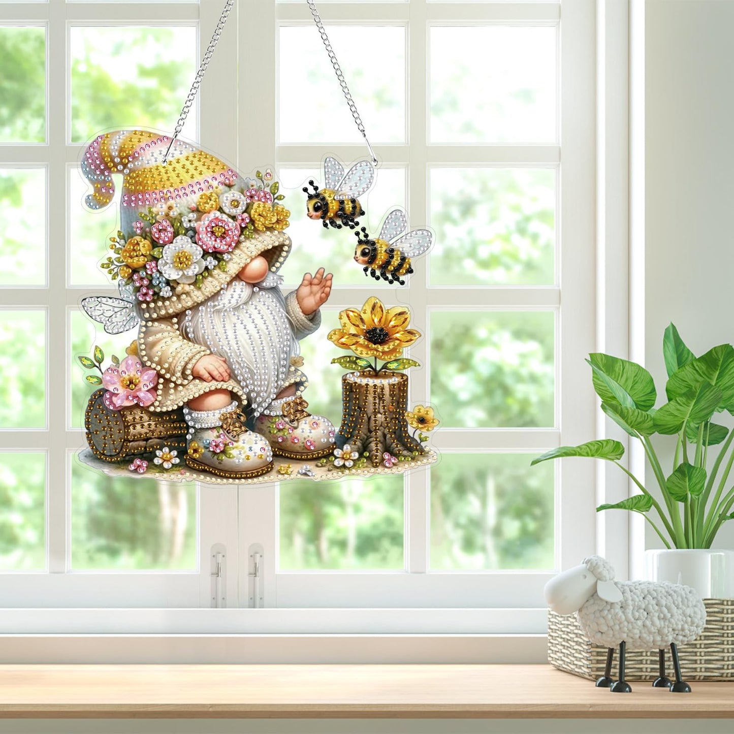 Bowetile Gnome Diamond Art Hanging Kits for Adults, 5D Special Shape Bee Diamond Painting Flowers Pendant Kits, Gem Art Suncatchers Painting Window Ornament for Home Garden Wall Decor