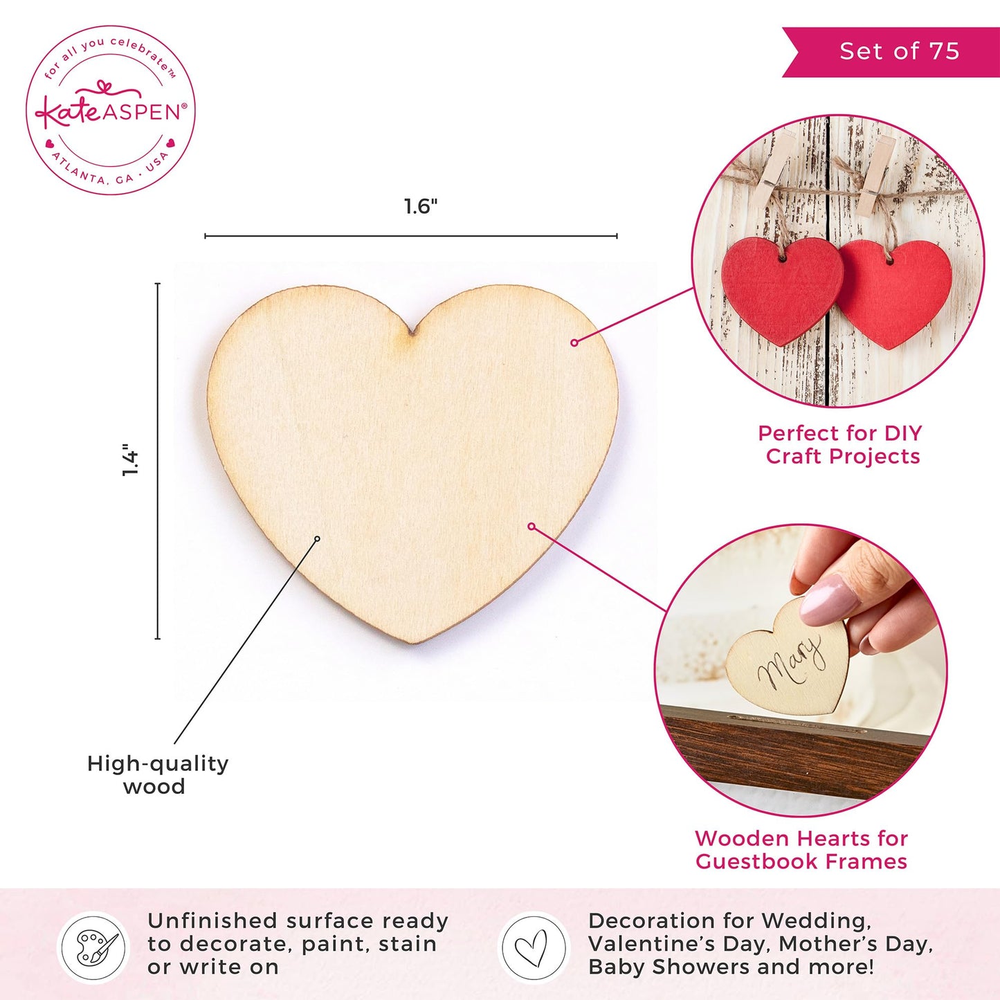 Kate Aspen Wooden Hearts for Guest Book (Set of 75) Wedding Guestbook Alternative Drop Box Hearts, Unfinished Wood Shapes for Crafts