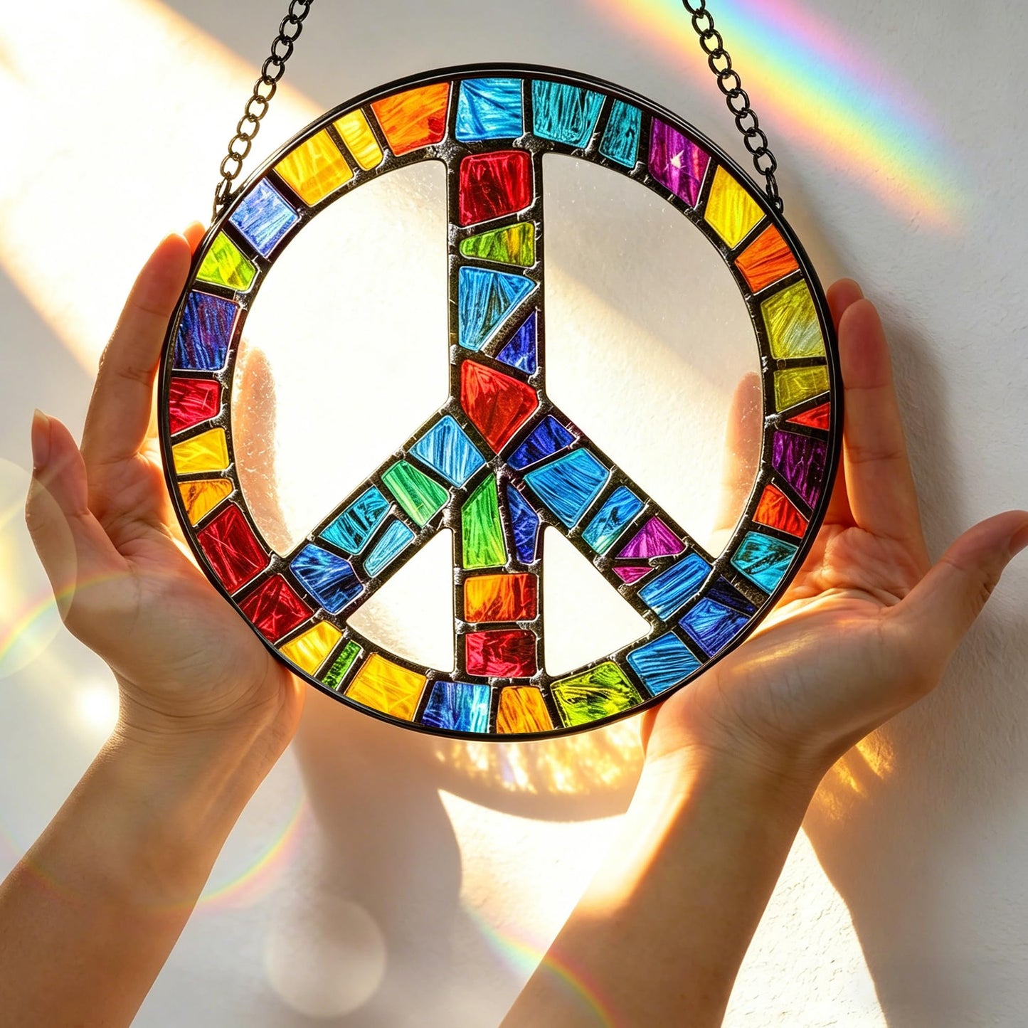 Stained Glass Window Hanging, 7.8 Inch Peace Sign Hippie Stained Glass Suncatcher Ornament, Suncatchers for Windows Hanging, Peace Symbol Decor, Hippie Gifts, Christmas Birthday Gifts for Women