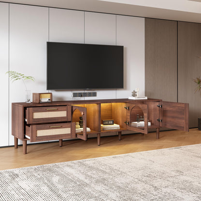 Merax LED TV Stand for TVs up to 80", Boho Entertainment Center with Rattan Decor, Multi-Functional Media Console & 3 Storage Cabinets and 2 Drawers for Living Room, Bedroom, Home Theatre, Dark Brown