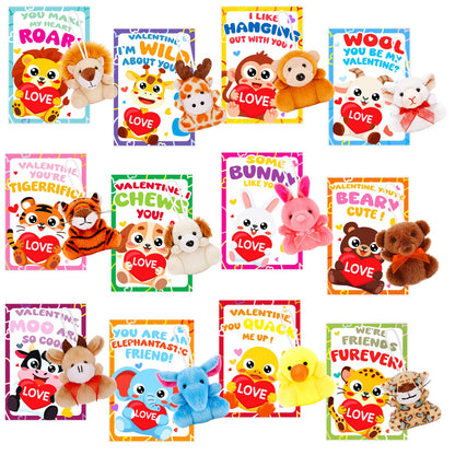 Valentines Day Gifts for Kids Classroom, 24 Pack Valentines Day Cards with Animal Plush Toy, Stuffered Animal Toys for Valentines Gifts Exchange, Kids Valentines Party Favors Supply For Boys Girls