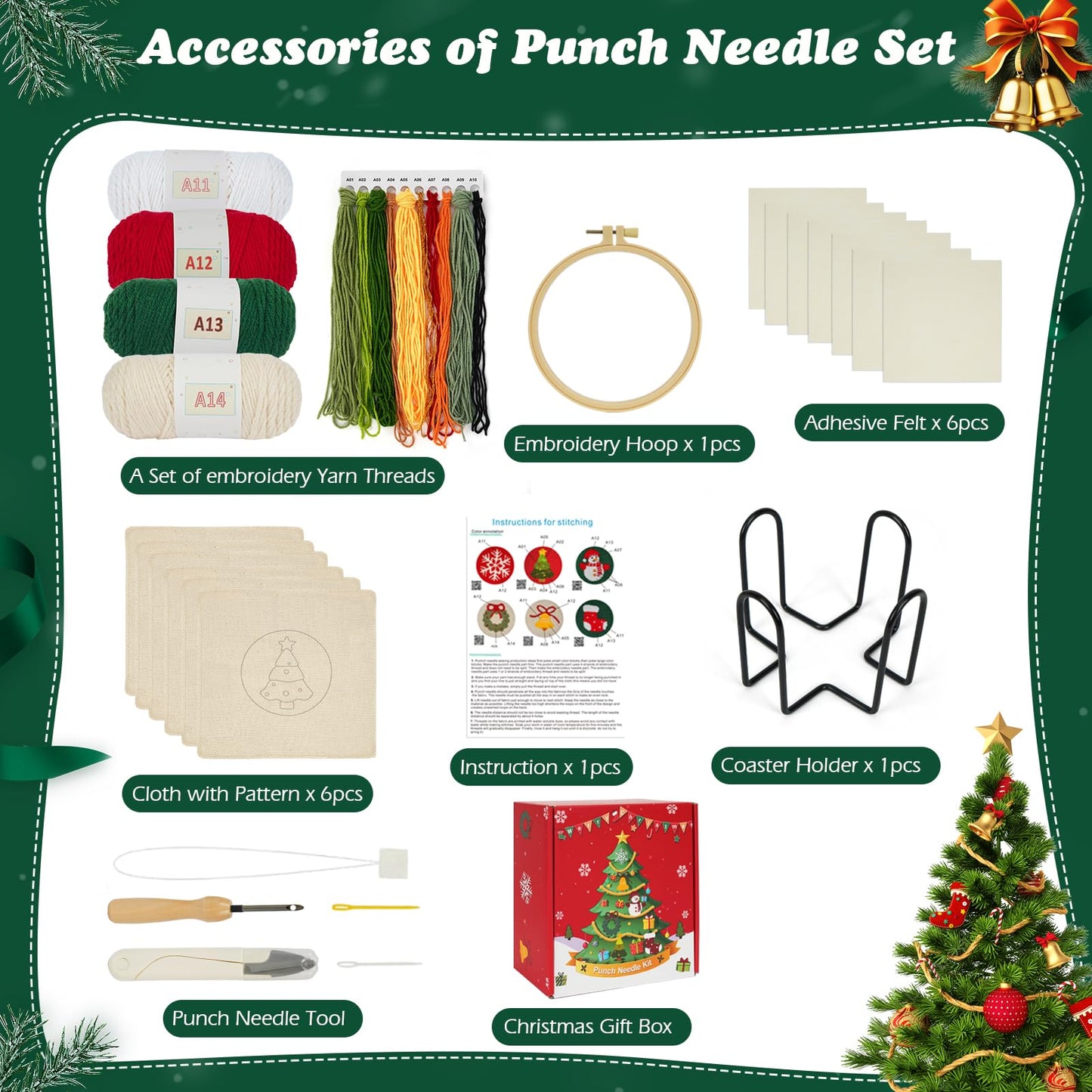 UHAPEER 6PCS Christmas Punch Needle Kit, Punch Needle Embroidery Kit Coaster Kit for Beginners Adults Kids, with Instruction & Video Tutorial, Yarns, Hoop, Coaster Holder, Christmas Craft Art Gift