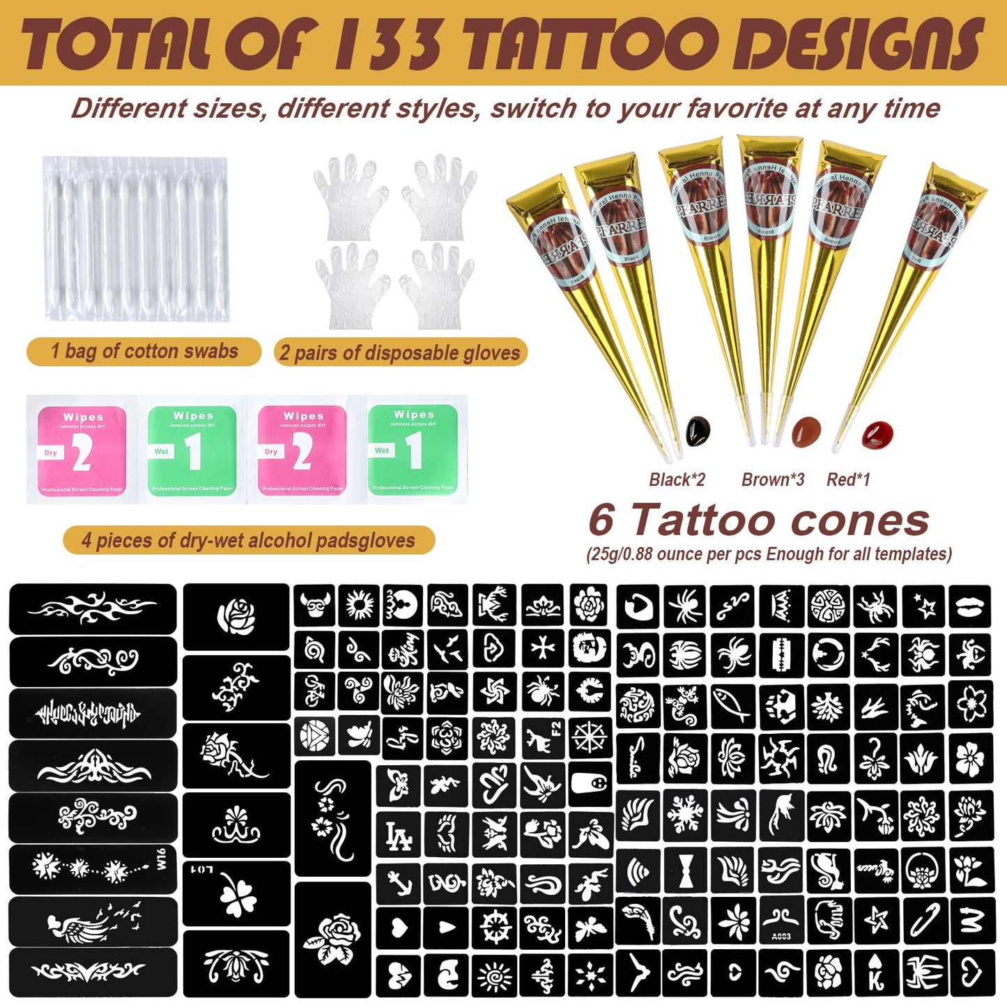 Temporary Tattoos Stencils Kit,Temporary Tattoos Kit - 6 Pcs 3 Color(3 Brown 2 Black 1 Red) Ink with Gloves,DIY Body Art Painting for Women Men Adults TA636KIT