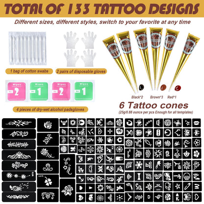 Temporary Tattoos Stencils Kit,Temporary Tattoos Kit - 6 Pcs 3 Color(3 Brown 2 Black 1 Red) Ink with Gloves,DIY Body Art Painting for Women Men Adults TA636KIT