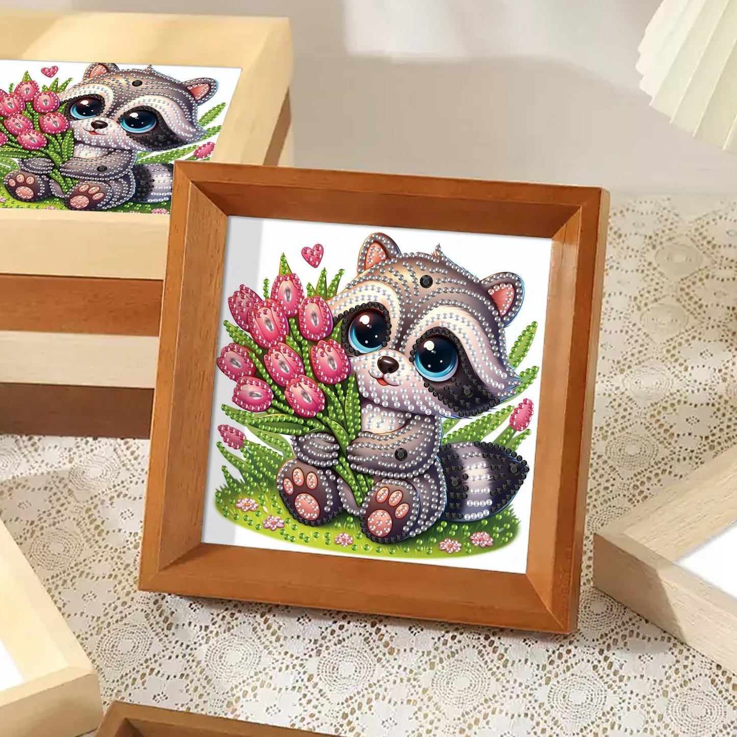 Diamond Painting Kit, 5D DIY Raccoon and tulips, Special Shape Crystal Artificial Diamond Art Partial Mosaic Handicraft for Beginners, Wall Decor Gift For Bedroom, Office, Living Room 6.7x6.7in
