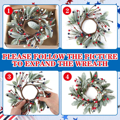 6 PCS Patriotic 4th of July Candle Rings Wreaths Independence Day Candle Rings Holder with Red White Blue Berries & Lamb's Leaves Mini Memorial Day Labor Day Wreath for Home Table Centerpiece Decor