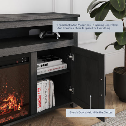 BELLEZE 58" Farmhouse Fireplace TV Stand for TVs up to 65", 23" Electric Fireplace Heater with Sound, Entertainment Center Media Console Table Barn Door Storage Cabinets for Living Room - Rustic Grey