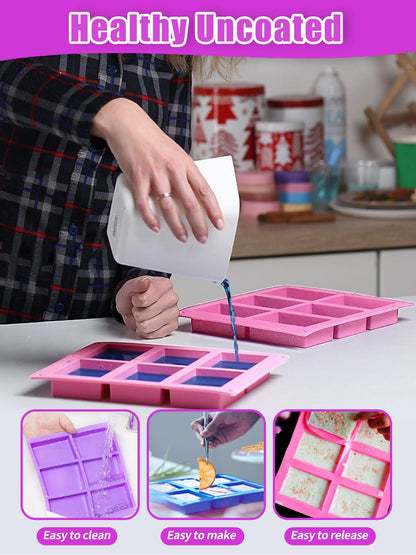 Silicone Soap Molds Set of 3, with 10 Soap Boxes for Homemade Soap,DIY Rectangle Soap Molds for Soap Making, 6 Cavity Mold for Craft Soap Mold, Chocolate & Ice Cube Trays(Blue, Purple & Pink)