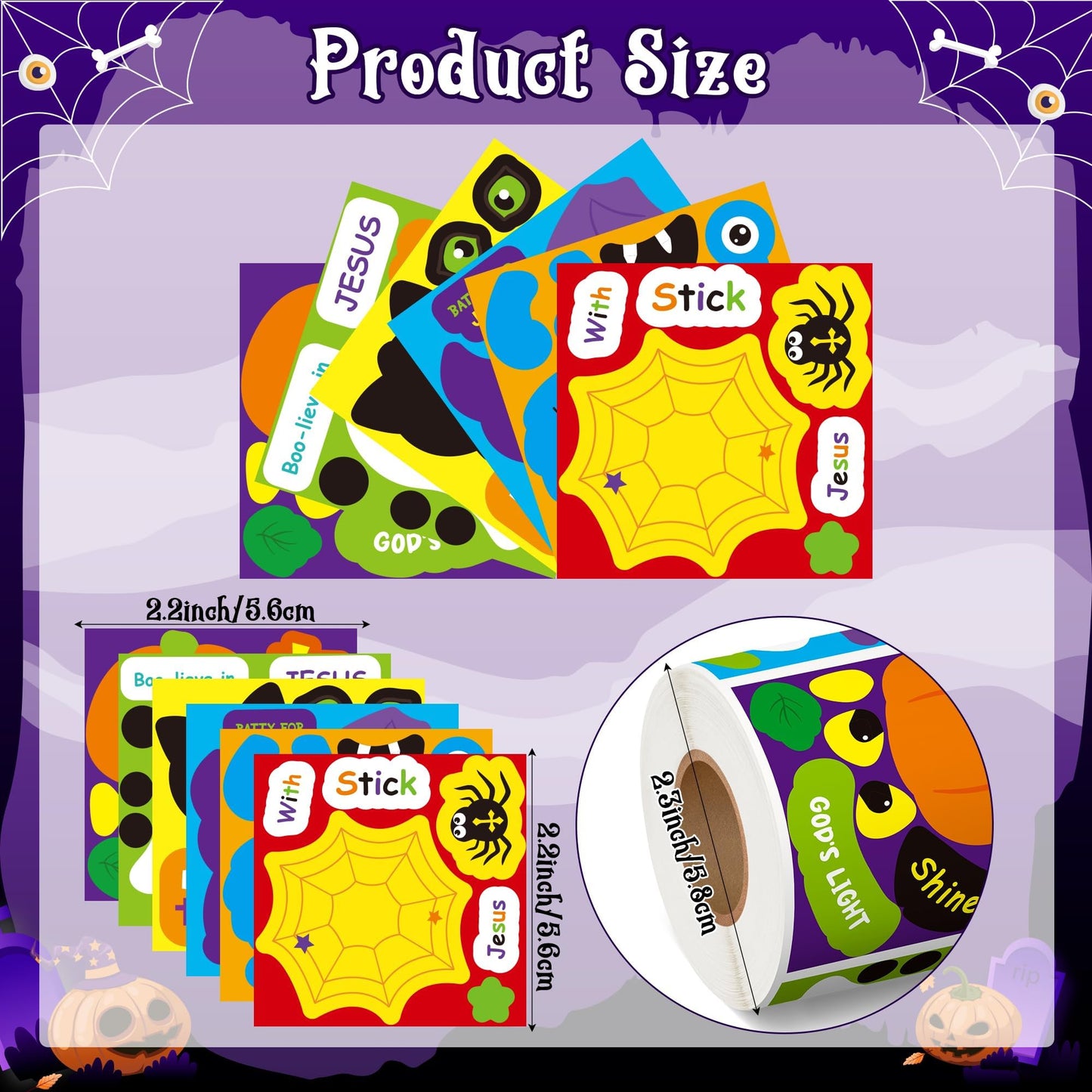 Haooryx Halloween Religious Sticker Roll - 300Pcs Make Your Own Pumpkin Ghost Bat Face Sticker Self-Adhesive Mix and Match Christian Religious Page Activity Pad Church Event Fall Halloween Party Favor