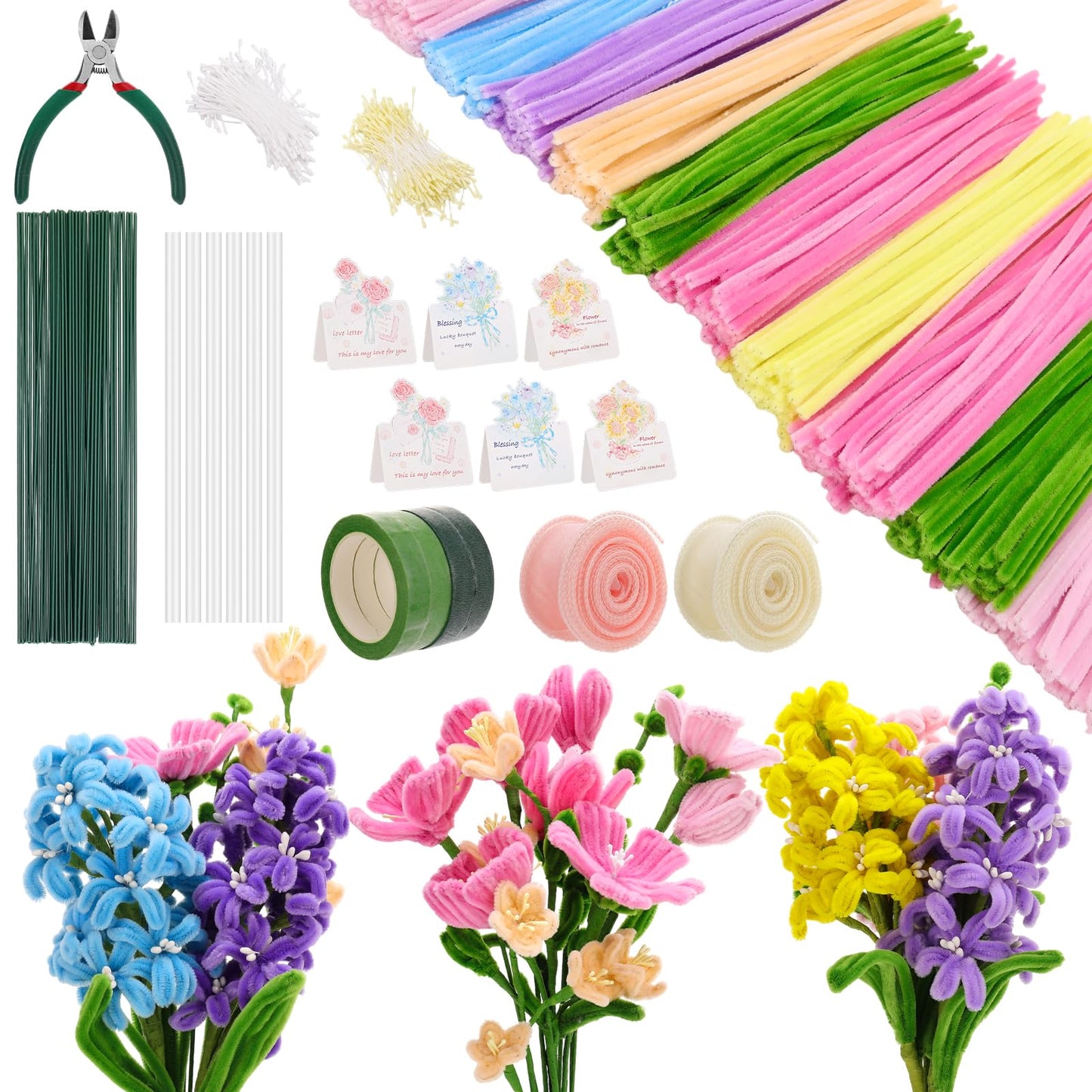 Ovveroche 1000 PCS Pipe Cleaners Craft, Pipe Cleaner Bulk Flower Kit with Handle, 7 Colors Chenille Stems Flower Making Kit with Floral Wires, Gardening Tape, Stamen, Ribbon for Art Craft Supplies