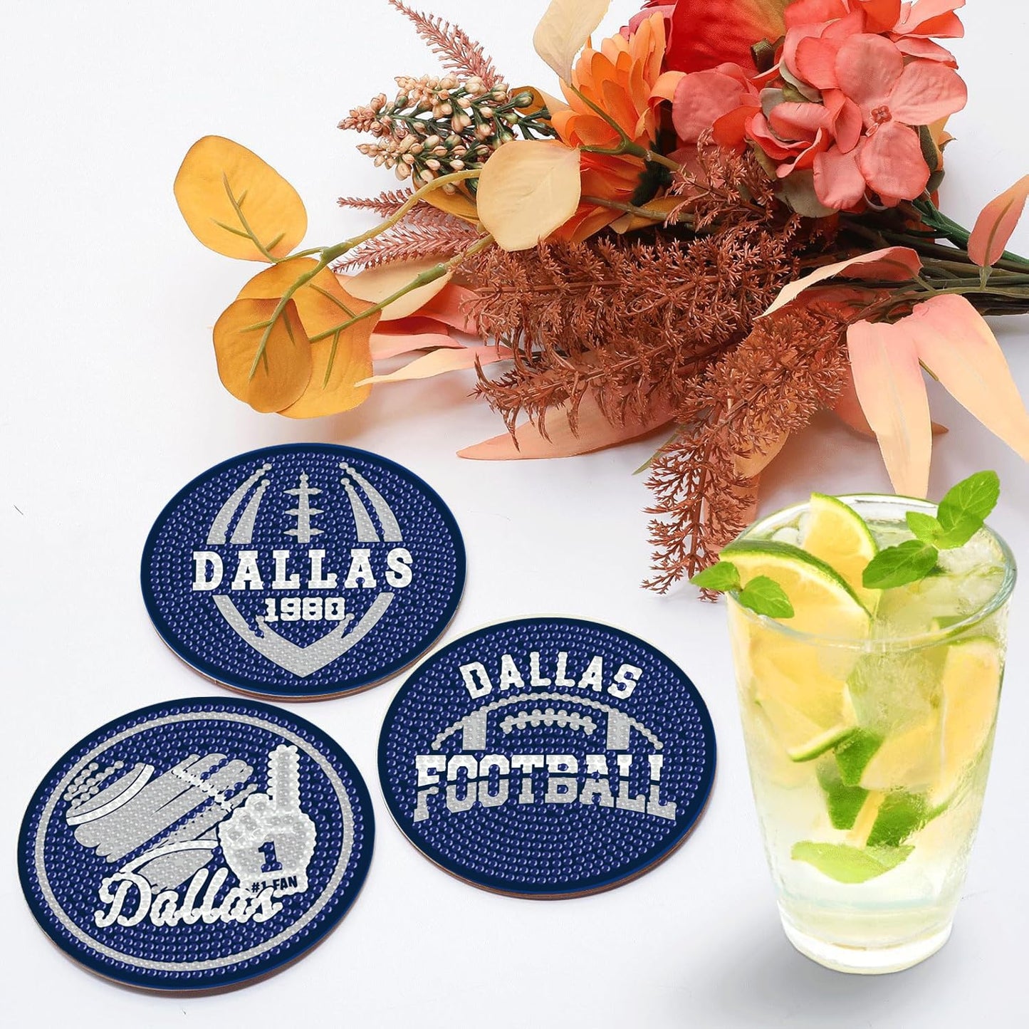 KALUOLAN 8PCS Diamond Painting Coasters Kits with Holder,5D Football Stlye Cup Coasters Diamond Art Sets for Beginners Kids Adults DIY Sports Gift for Dallas