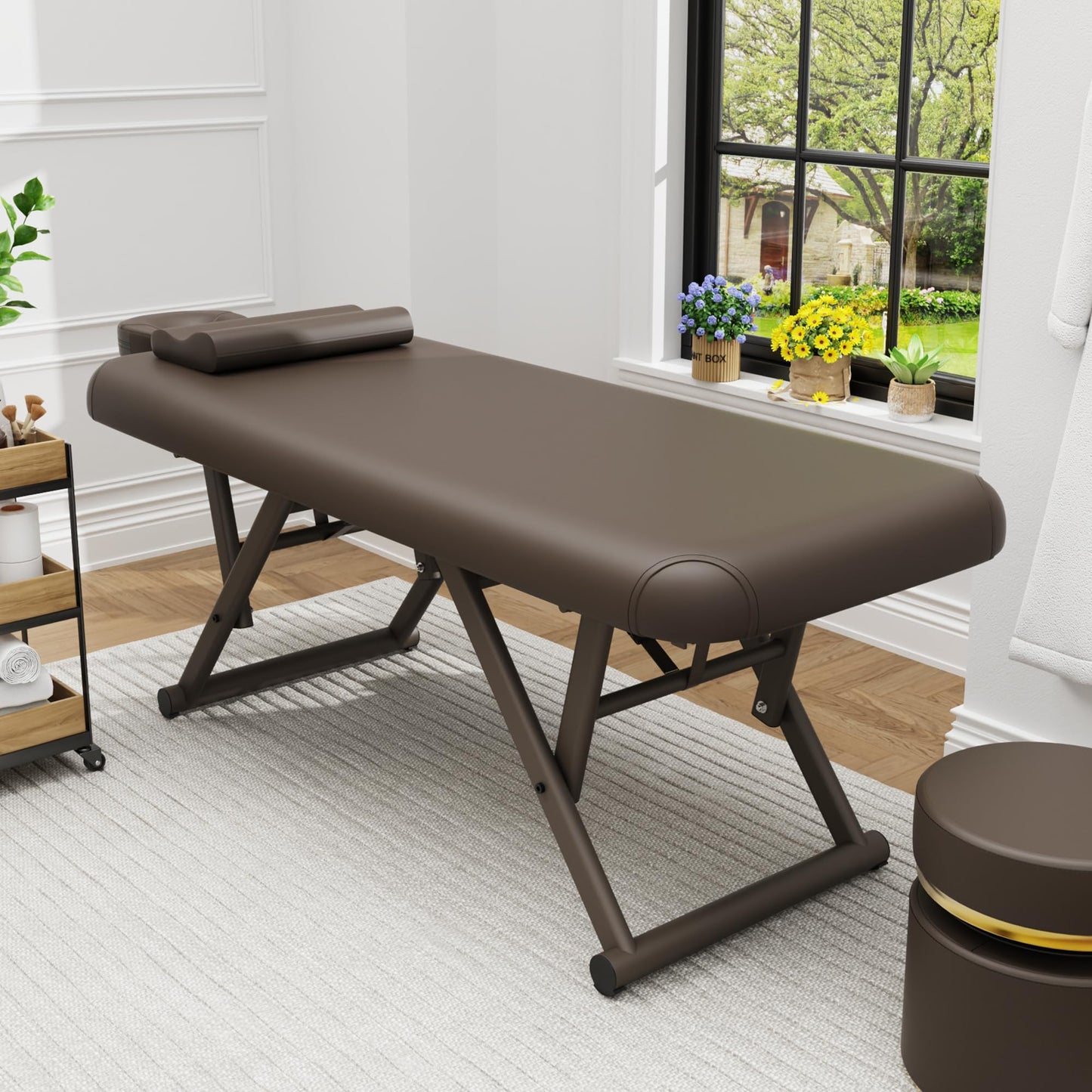 pouseayar Adjustable Massage Table with Face Pillow & Headrest, Sturdy and Solid, Silent and Easy to Adjust - Fixed Backrest, Brown