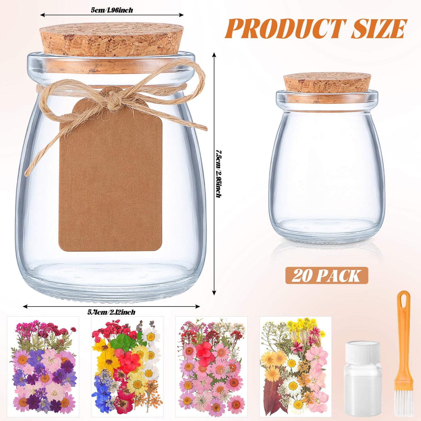 Mimorou 162 Pcs DIY Dried Pressed Flowers Mason Jar with Cork Lids Set 140 Natural Real Pressed Flowers 20 Small Glass Favor Jars 3.5 oz Making Favor for Wedding DIY Candle Craft