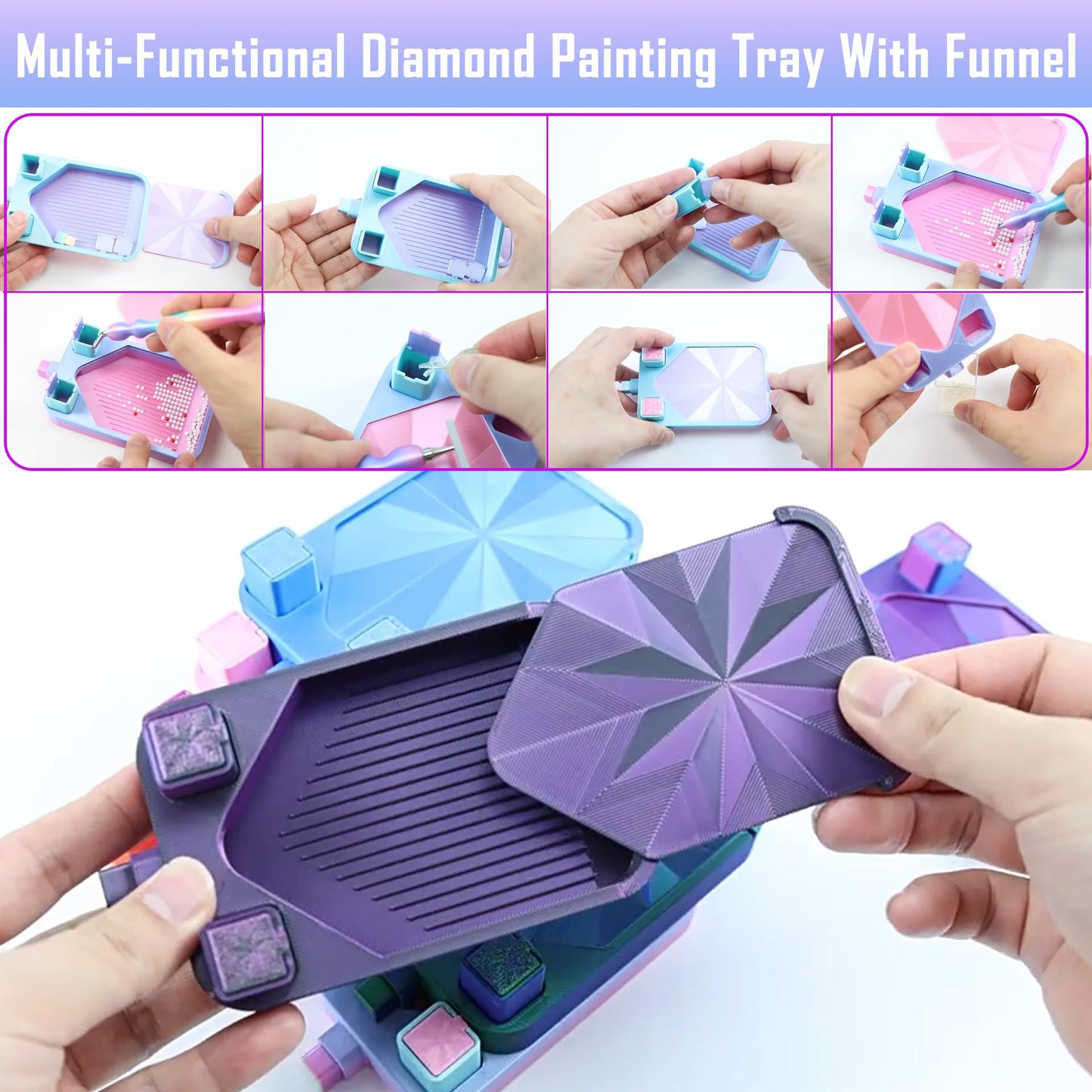 Diamond Painting Tray with Lid and Tweezer, Rhinestone Storage Tray with Lid & 2 Storage Bucket Design, Easy Pour Bead Tray, Diamond Art Kits for Adults, Diamond Art Accessories Tools (Black Purple)
