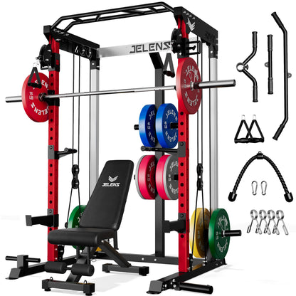 JELENS C21 Power Cage, 2000LBS Multi-Function Power Rack with Independent Dual Pulley System, All-in-One Squat Rack for Cable Crossover, Home Gym Workout Machine (Red, 370lbs Color)
