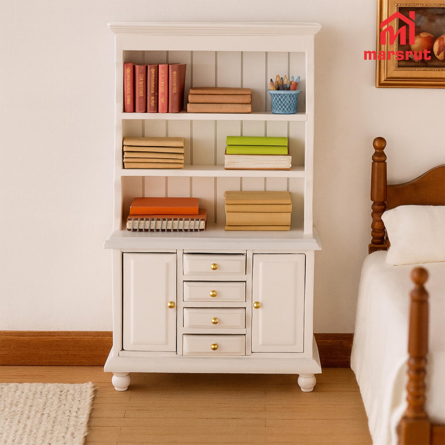 Dollhouse Miniature Cabinet 1/12 Scale Bookshelf Bookcase Cupboard Hutch, Mini Furniture Kitchen Accessories, European Items Living Room Wooden Storage Sideboard Display Showcase Shelves, White