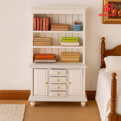 Dollhouse Miniature Cabinet 1/12 Scale Bookshelf Bookcase Cupboard Hutch, Mini Furniture Kitchen Accessories, European Items Living Room Wooden Storage Sideboard Display Showcase Shelves, White