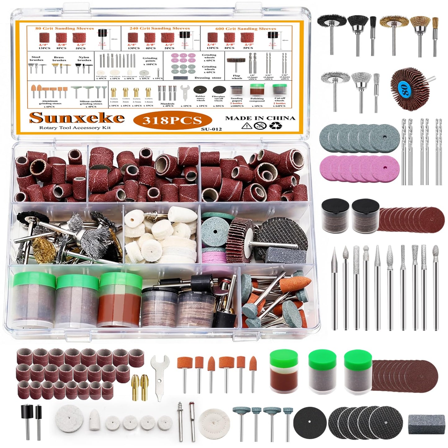 Sunxeke 318PCS Rotary Tool Accessory Kit with Sanding Drum,1/8inch Shank Universal Fit for Most Rotary Tools,Bits for Sanding, Polishing, Cutting,Drilling,Engraving,Grinding,Woodworking,DIY
