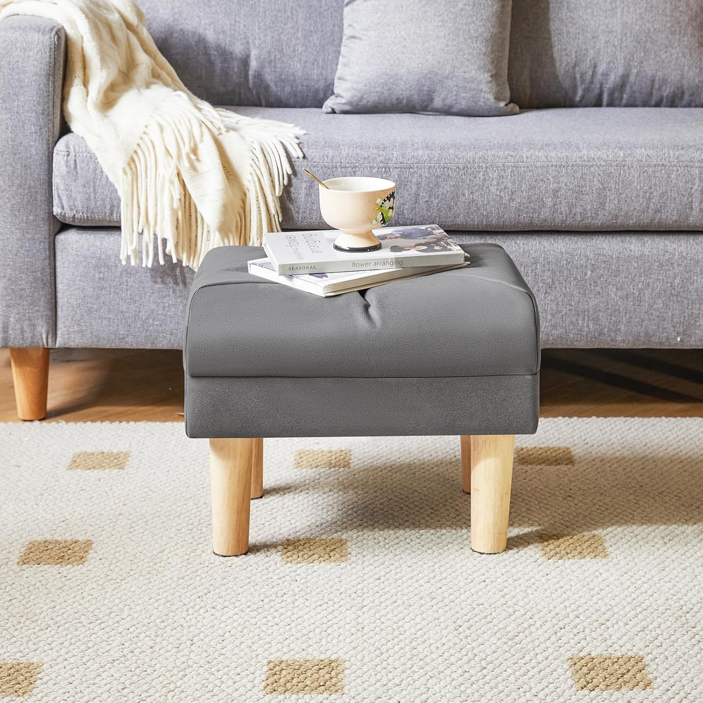 15.75" 11.42" W12.6" UHBD040BG YMYNY Small Footstool Ottoman, Faux Leather Footrest with Sponge Padded Seat, Step Stool