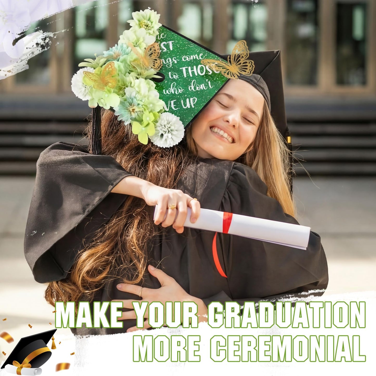 Dunzoom 34 Pcs DIY Graduation Cap Decorations Accessory Kit Artificial Flowers Inspirational Cardstock 3D Butterfly Stickers for DIY Hat Grad Cap Topper Graduation Party Supplies(Green)