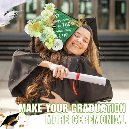 Dunzoom 34 Pcs DIY Graduation Cap Decorations Accessory Kit Artificial Flowers Inspirational Cardstock 3D Butterfly Stickers for DIY Hat Grad Cap Topper Graduation Party Supplies(Green)