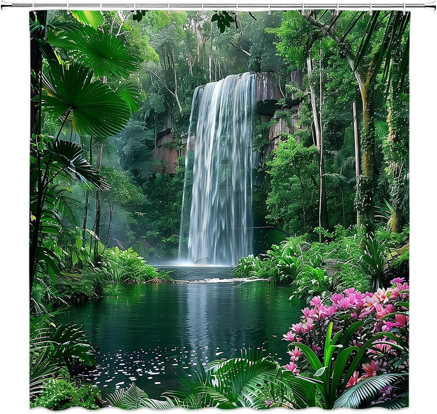 Forest Waterfall Shower Curtain, Tropical Jungle Nature Landscape Fabric Bathroom Curtains Decor Set, 70" WX70 H
