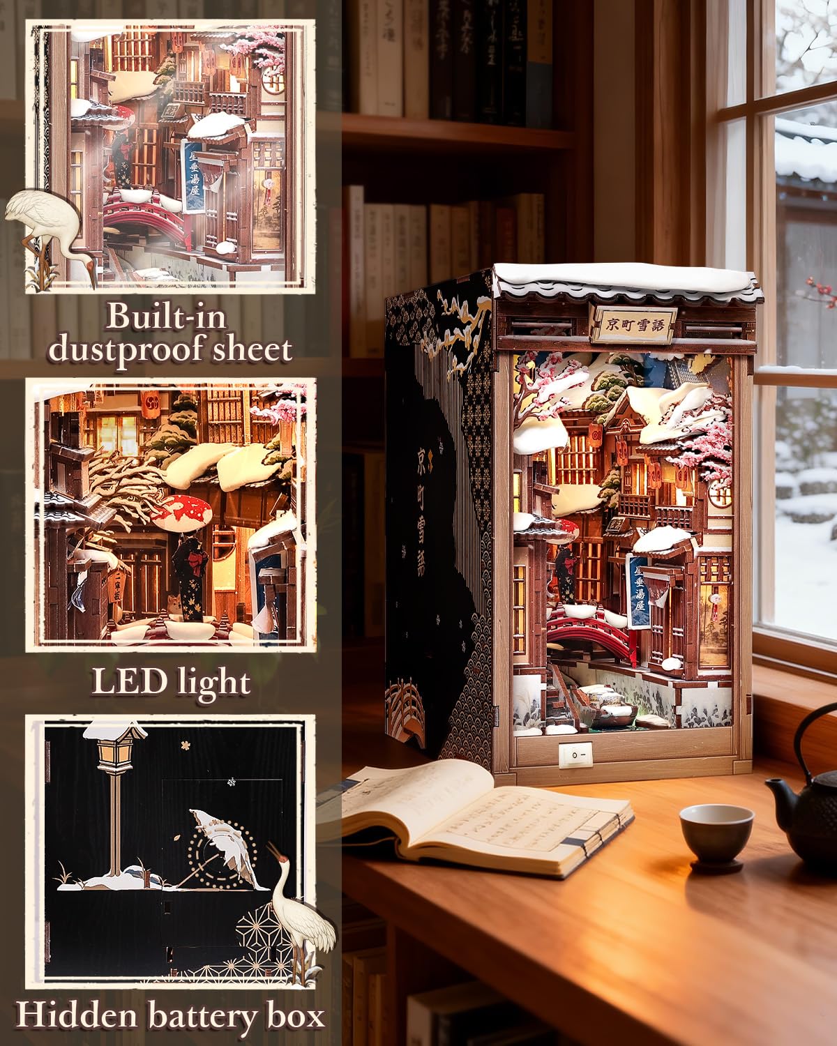 CUTEBEE Book Nook Kit - Japanese Style DIY Miniature Winter House, LED Light Bookshelf Decor Alley Dollhouse for Adults Teens, Gifts for Family (Kyoto Snow Whisper)