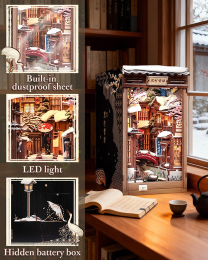 CUTEBEE Book Nook Kit - Japanese Style DIY Miniature Winter House, LED Light Bookshelf Decor Alley Dollhouse for Adults Teens, Gifts for Family (Kyoto Snow Whisper)