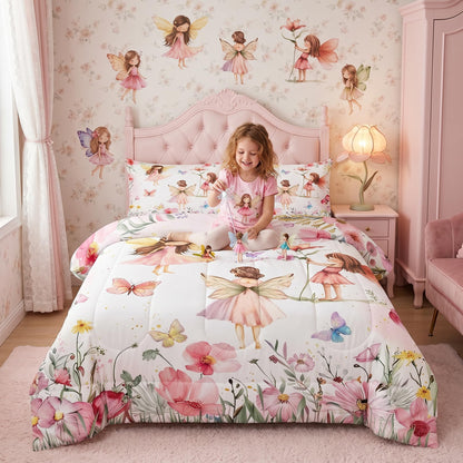 Erosebridal Dreamy Fairy Twin Comforter Set,Pink Fairy Garden Bedding Sets for Girls Kids,Cute Floral Butterfly Quilt Bed Set,Princess Girly Coquette Bedroom Decor,1 Pillowcase Reversible