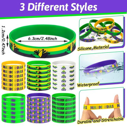 Lunmon 120 Pcs Mardi Gras Silicone Bracelets Bulk Mardi Gras Throw Happy Carnival Bracelets Clown Circus Carnival Rubber Wristbands for Party Birthday Supplies Gifts